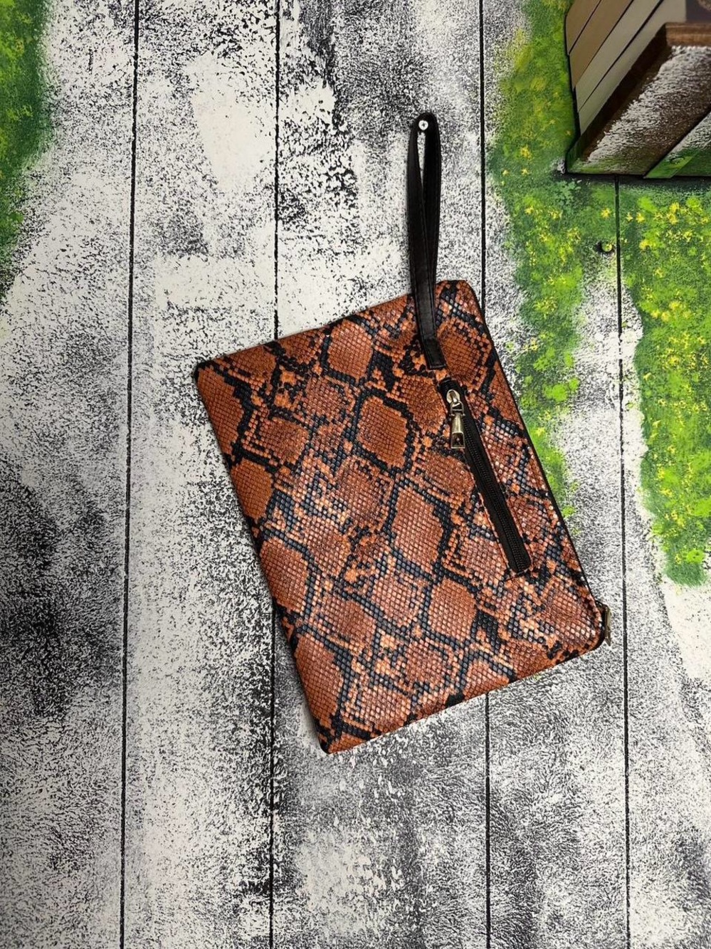 Women's Brown Snake-Print Wristlet Clutch with Detachable Strap
